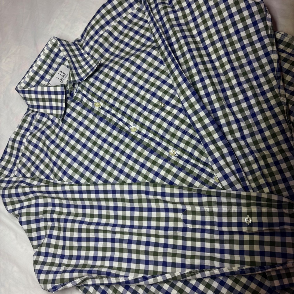 Dunhill Blue Green Gingham Check Cotton Button Down Shirt Size M Long Sleeve